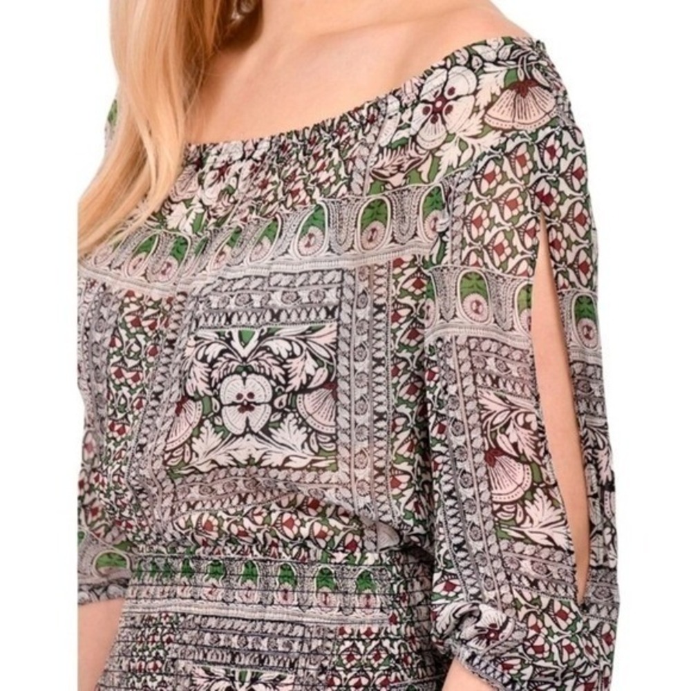Maje Off Shoulder Top Multi Color Womens S Smocked‎ Waist Slit Sleeve